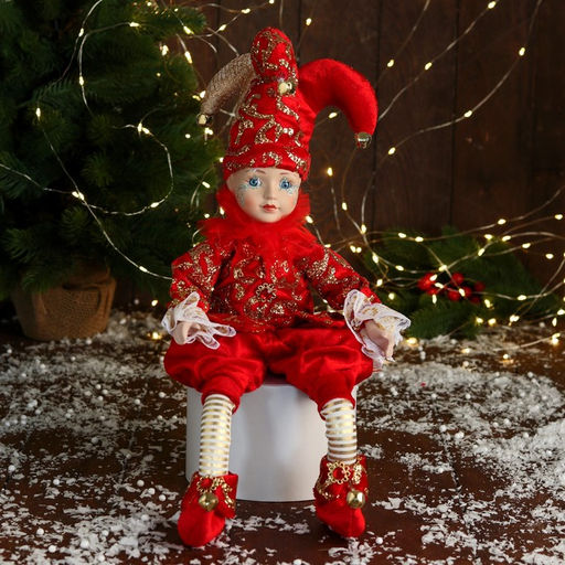 Новогодний шут В нарядном костюмчике музыкальный, шевелит головой, 46 см, красный