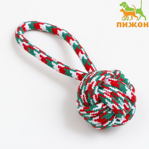 Игрушка канатная Мяч с ручками для крупных собак, до 80 г, до 20 см, красно-бело-зелёная - Пижон фото 4