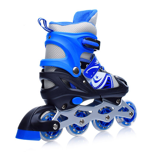 Ролики детские (размер S) черно-синие с белым, PU колёса со светом, в сумке