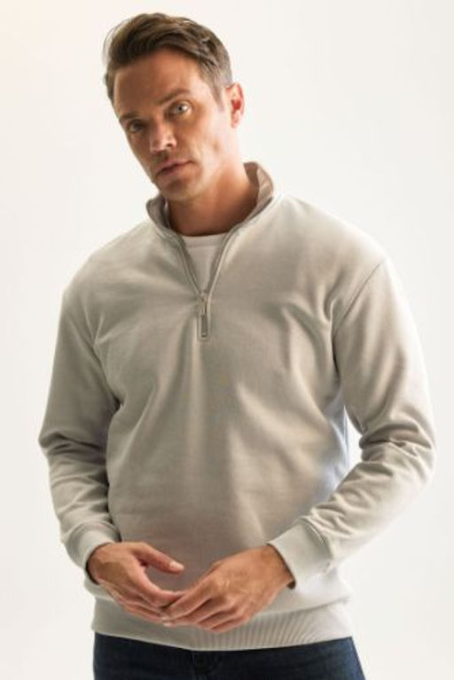 Gri 3 Iplik Pamuklu Sardonlu Ici Polarl? Comfort Regular Fit Rahat Kal?p Dik Yaka Fermuarl? Kal?n Sweatshirt