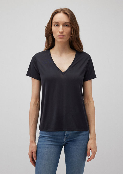 V Yaka Siyah Tisort - Mavi фото 3