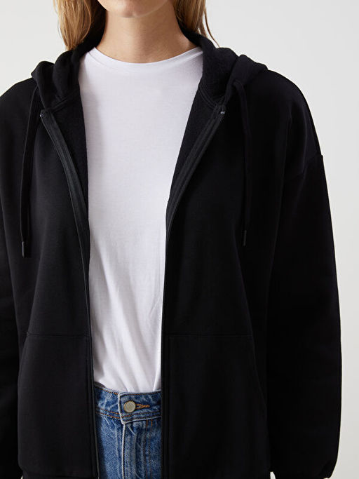 Kap??onlu Oversize Kad?n Fermuarl? Sweatshirt