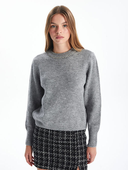 Bisiklet Yaka Ta?l? Kad?n Triko Kazak