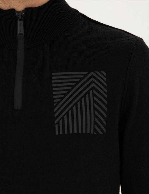 Siyah Slim Fit Fermuarl_ Dik Yaka Triko Kazak