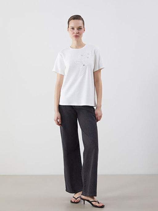 Bisiklet Yaka ?i?ekli Kad?n Ti??rt