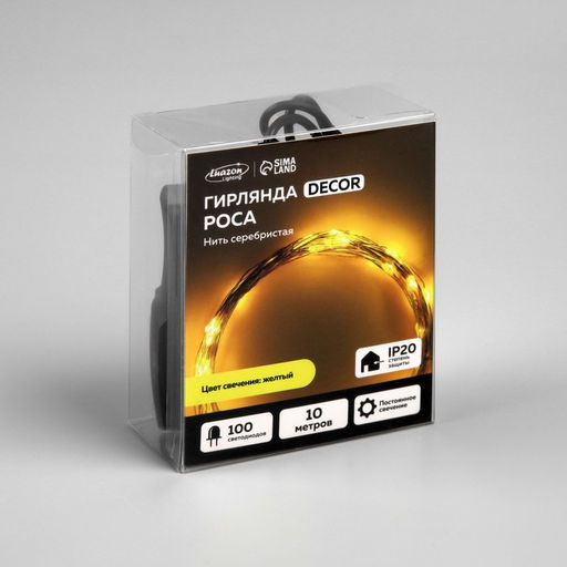 Гирлянда Нить 10 м роса, IP20, серебристая нить, 100 LED, свечение жёлтое, 12 В - Luazon lighting фото 4