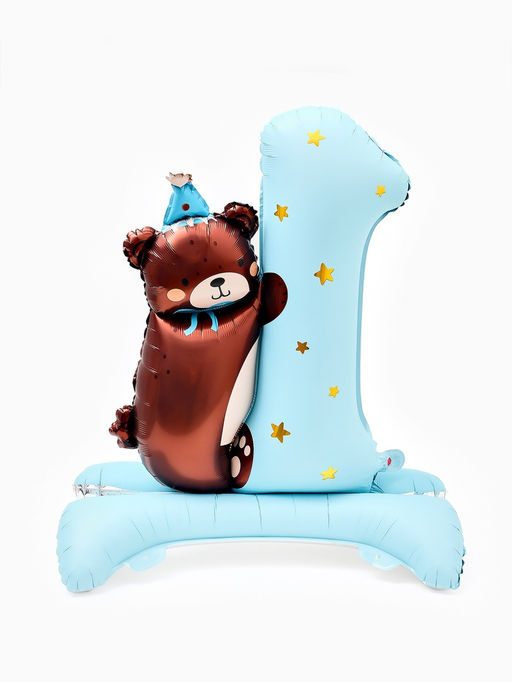 Цена за 2 шт. Воздушный шар фольгированный 32" "Цифра 1 с мишкой"  цвет голубой, под воздух