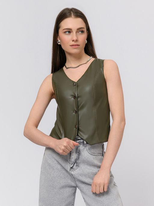 Жилет цвета хаки из искусственной кожи на пуговицах - 1001dress фото 2
