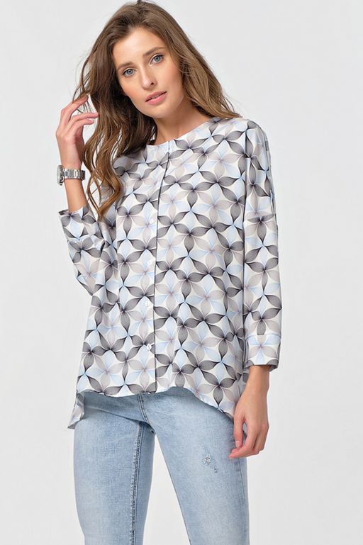 Блузка свободная на пуговицах с принтом на белом - Fly фото 2