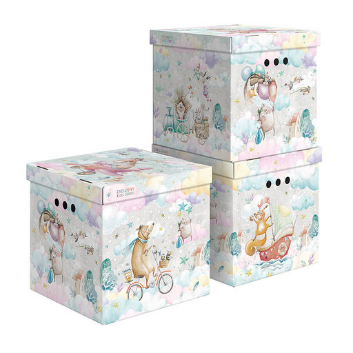 Короба картонные с крышкой KIDS COLLECTION Путешастики мятн., набор 3 шт (31,5х31,5х31,5)