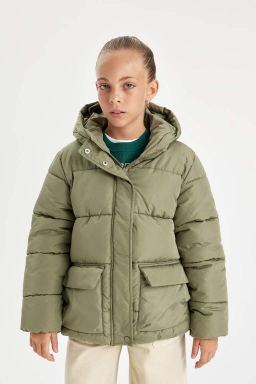 Водоотталкивающая куртка-пуховик для девочек с капюшоном на флисовой подкладке и карманом на молнии - Defacto фото 3