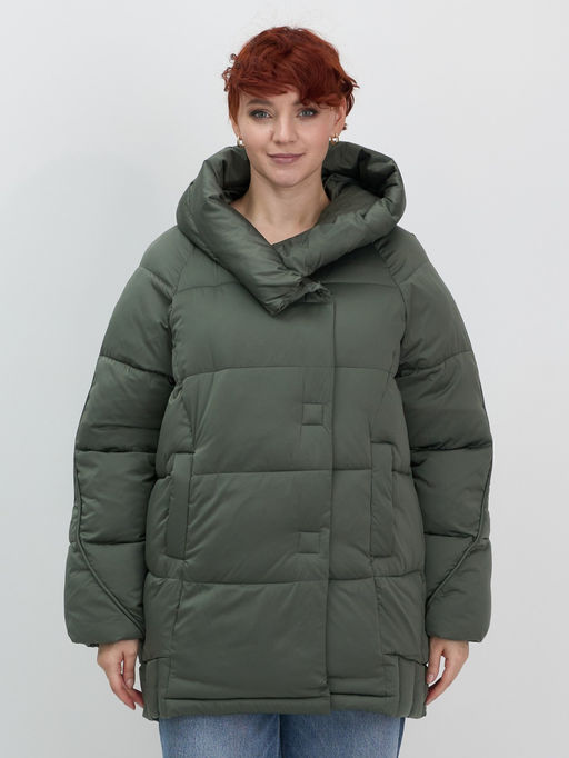 Куртка зимняя женская с капюшоном модная цвета хаки 7651Kh