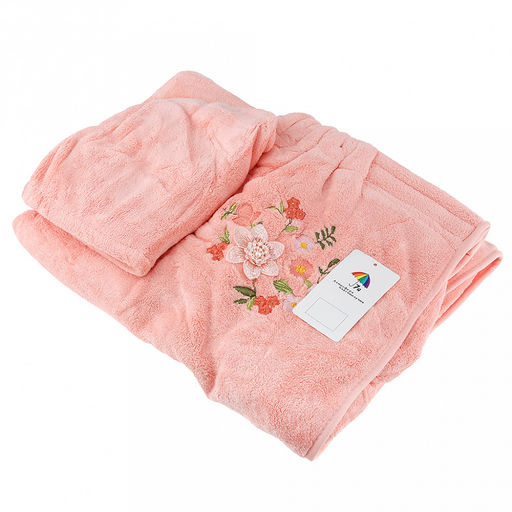 Парео махровое "Свежий букет" 70х175см, хлопок 100%, на резинке с липучкой, на кнопке, с вышивкой; с чалмой на пуговице 68х25см, пыльная роза (Китай)