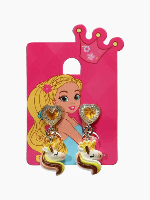 Серьги-клипсы детские «Выбражулька» единорог драгоценность с сердцем кристалл, жёлто-белые