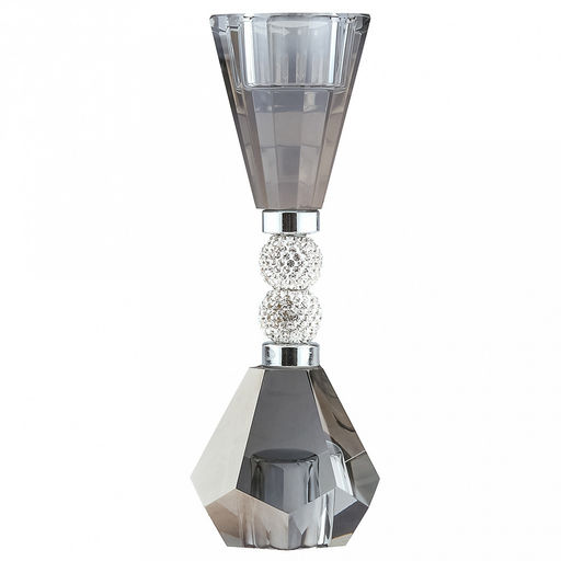 Подсвечник стеклянный "Гроза" h16см, чаша д4см, h2,5см, отвинчивающаяся, основание д5см, двухсторонний, 2 шарма с кристаллами, дымчатый, в коробке (Китай)