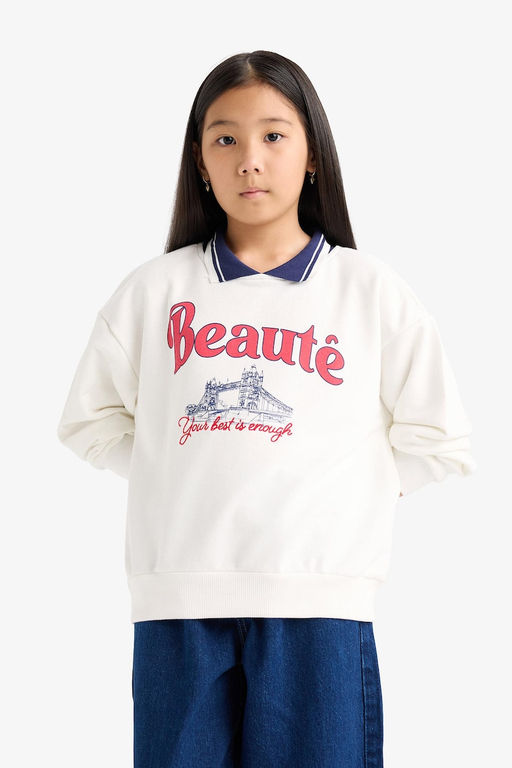 Relax Fit Polo Yaka Bask_l_ Sweatshirt K_z _ocuk - Defacto фото 6