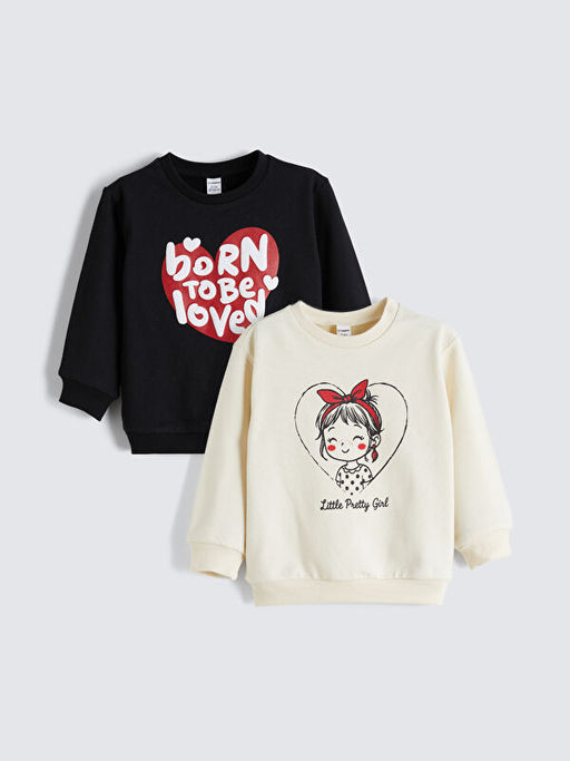 Bisiklet Yaka Bask?l? K?z ?ocuk Sweatshirt 2li