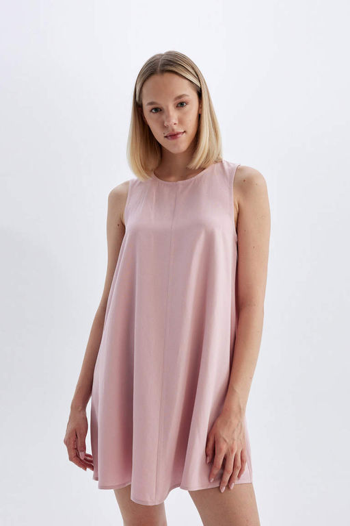 Льняное мини-платье А-силуэта с круглым вырезом и без рукавов - Defacto фото 5