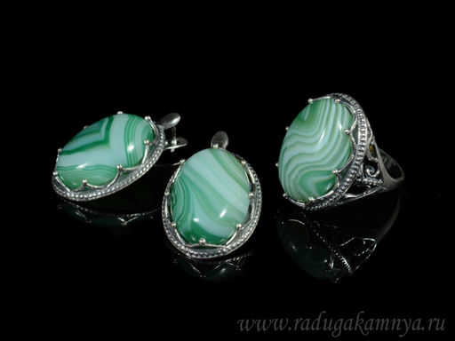 Кольцо Серьги с агатом тонированным, цв. зеленый размер 17