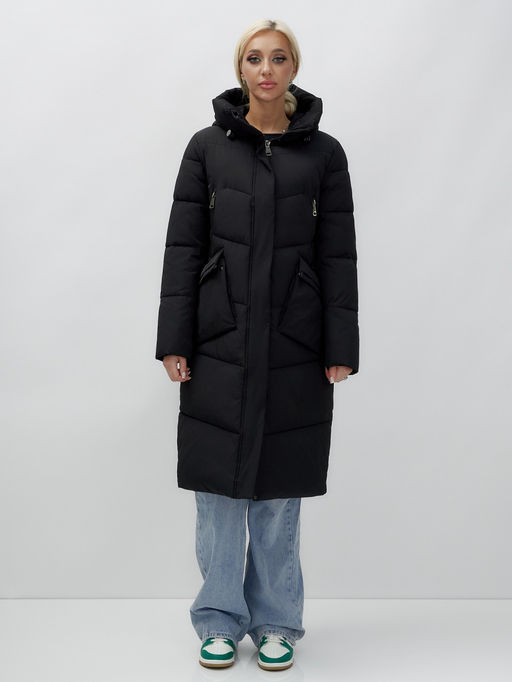 Пальто утепленное стеганное зимнее с капюшоном женское черного цвета 9639Ch - Mtforce фото 2
