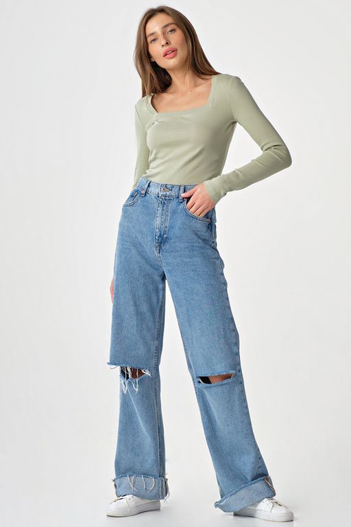 Лонгслив трикотажный с квадратным вырезом из хлопка хаки - Fly фото 27