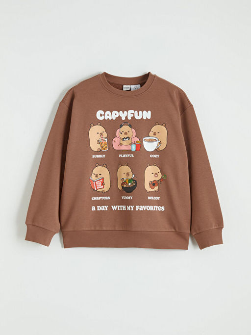 Capyfun Bask?l? K?z ?ocuk Kal?n Sweatshirt