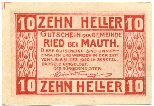 10 геллеров 1920 года Австрия Рид-бай-Маутхаузен (нотгельд)
