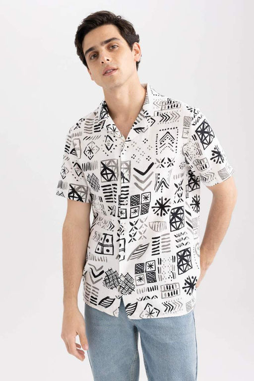 Хлопковая рубашка с коротким рукавом и принтом с вязаным крючком воротником обычного кроя - Defacto фото 5