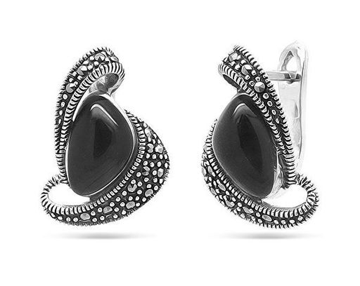 Серьги из серебра марказит, оникс, SL-AGA82