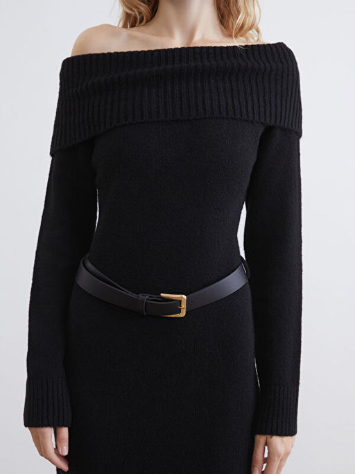 Kay?k Yaka Kemerli Triko Elbise