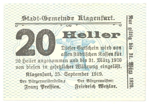 20 геллеров 1919 года Австрия  Нотгельд