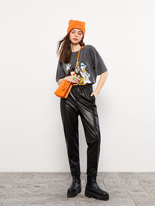 Beli Lastikli Deri G?r?n?ml? Kad?n Pantolon