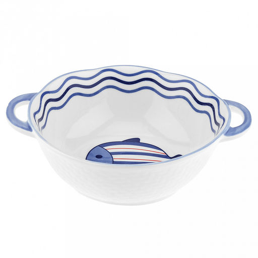 "Синий полосатик" Салатник фарфоровый 1,15л, д19,7см, h7,2см, 2 ручки (длина 23,7см), волнистый край, отводка, борт "плетенкка", белый (Китай)