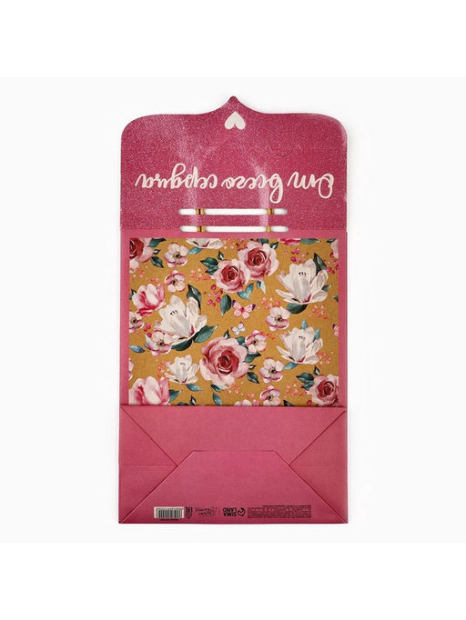 Пакет с клапаном Цветы, крафт, глиттер, 19.5?10?25 см