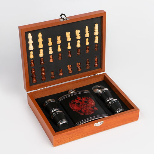 Набор 7 в 1: фляжка 8 oz, с гербом, 4 рюмки, воронка, шахматы, 18 х 24 см - Simaland фото 12