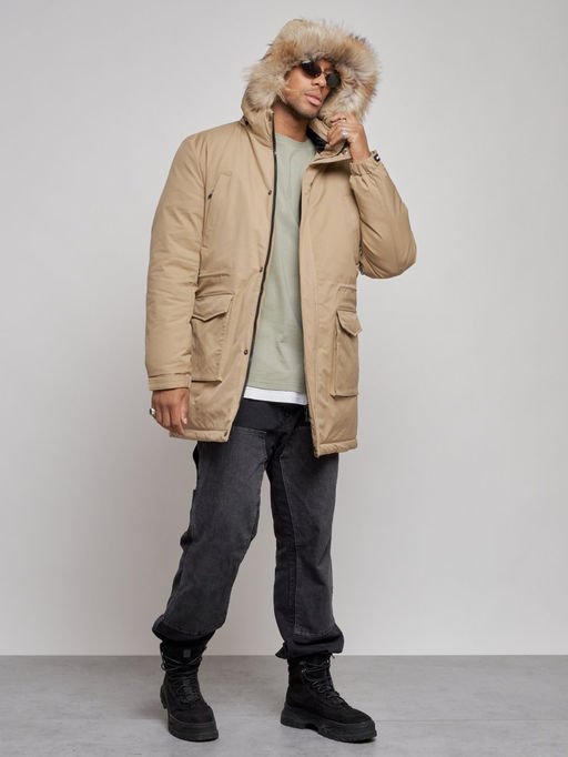 Парка мужская зимняя удлиненная с мехом бежевого цвета 8318B - Wonderrman фото 6