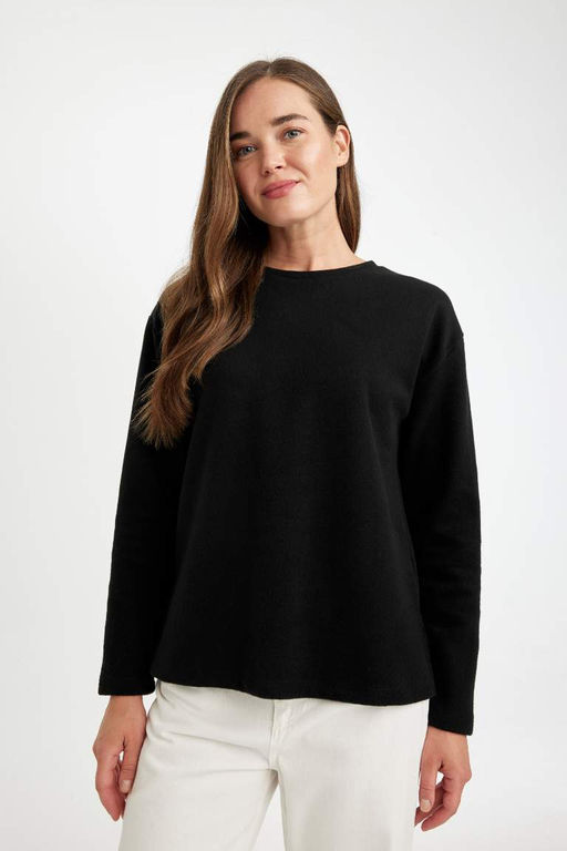Женская черная однотонная футболка с длинным рукавом из ткани селаник стандартного кроя с круглым вырезом - Defacto фото 3