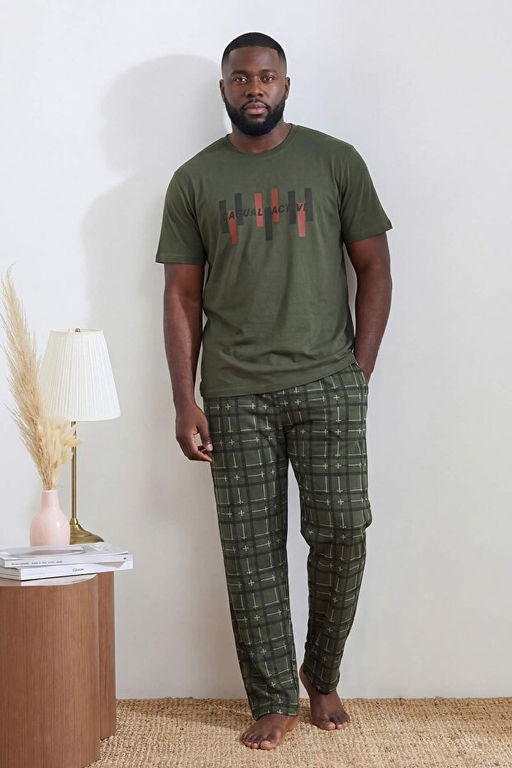 Ye_il B_y_k Beden Regular/Normal Kesim Bask_l_ Alt Ekose Desen Pijama Tak_m_ TMNSS26AI00011 - Trendyolmilla фото 2