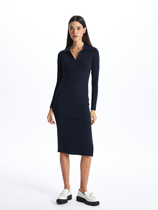 Polo Yaka D?z Uzun Kollu Elbise