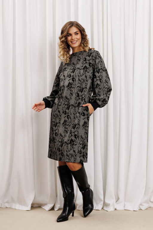 Платье Gizart 7385/1 серо-черный с цветами