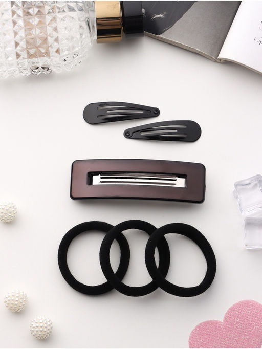 Цена за 6 шт. Набор для волос QF «Элери», 3 резинки 6 см, автомат 8 см, 2 невидимки 4.5 см, чёрный