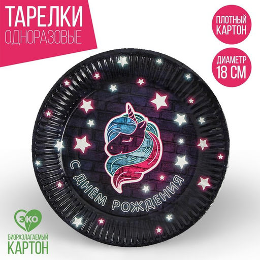 Цена за 10 шт. Тарелка бумажная С днём рождения, праздничный единорог, 18 см