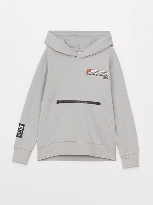 Bask?l? Uzun Kollu Erkek ?ocuk Hoodie