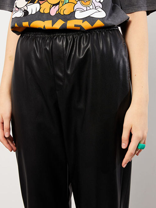 Beli Lastikli Deri G?r?n?ml? Kad?n Pantolon