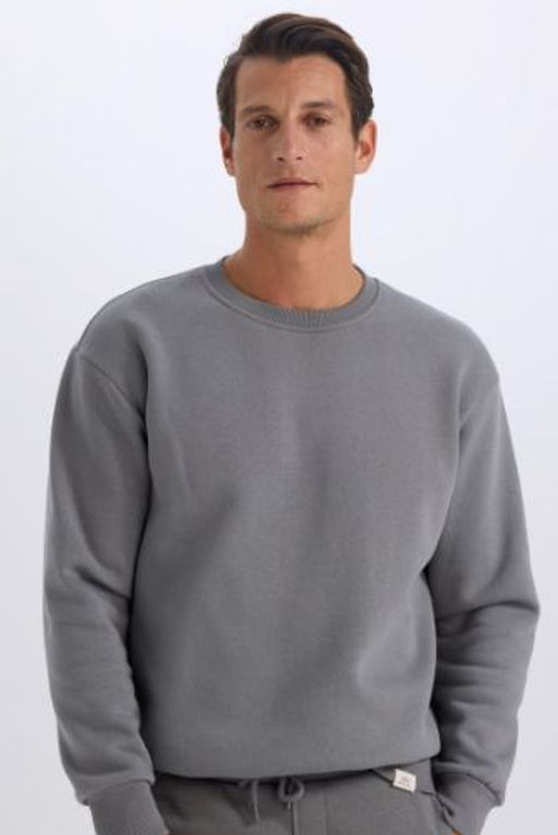 Oversize Genis Kal?p Bisiklet Yaka Kal?n Basic Duz Sweatshirt