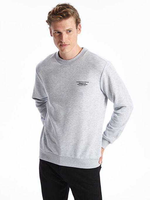 Bisiklet Yaka Uzun Kollu Bask?l? Erkek Sweatshirt
