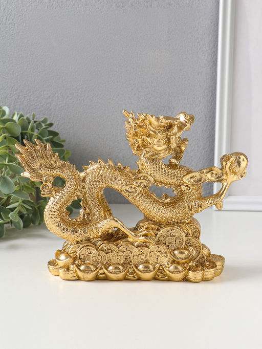 Нэцкэ фигурка полистоун «Дракон с шаром на монетах», под золото, 21×16.5×6 см