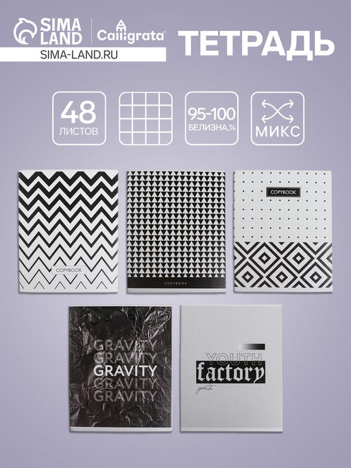 Цена за 5 шт. Тетрадь 48 листов в клетку, Calligrata «ЧБ. Геометрия», МИКС