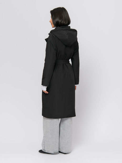 Плащ черного цвета с поясом и отложным воротником - 1001dress фото 4