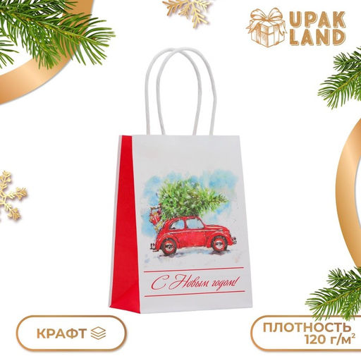 Цена за 3 шт. Пакет бумажный подарочный новогодний крафт "Ёлка" 16 х 12 х 6 см.